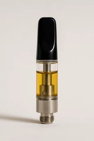 Close-up of a standard 510 vape cartridge with a black mouthpiece, clear glass chamber filled with golden oil, and a metallic threaded base for battery connection.